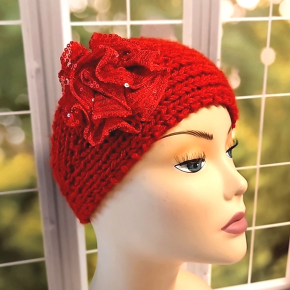 Red sequin bow detail on red knit headband wrap button detail festive holiday - Picture 1 of 7